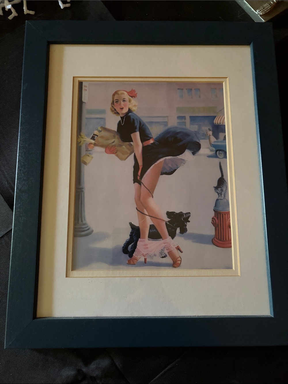 Vintage Pin-Up Street Scene Framed Art Print - Blue Frame, Cream Mat